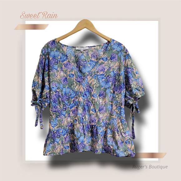 🌿Sweet Rain Women's 2XL Cotton Blue Purple Tan Puff Sleeve Floral Top - Picture 3 of 12